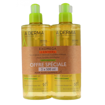Exomega Control Huile lavante émolliente anti-grattage A-derma - lot de 2 flacons-pompe de 500 ml
