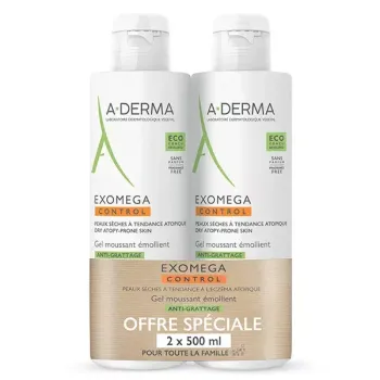 Exomega Control gel moussant émollient anti-grattage A-derma - lot de 2 flacon