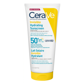 Lait solaire invisible hydratant SPF50+ haute protection visage et corps CeraVe - tube de 177ml