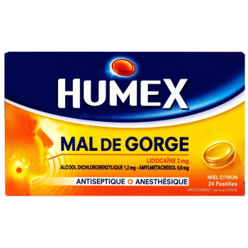 Humex mal de gorge lidocaïne miel citron - boite de 24 pastilles