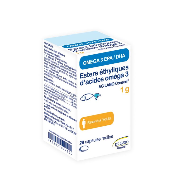 Omega 3 esters ethyliques d'acides 1g EG Labo Conseil - flacon de 28 capsules molles