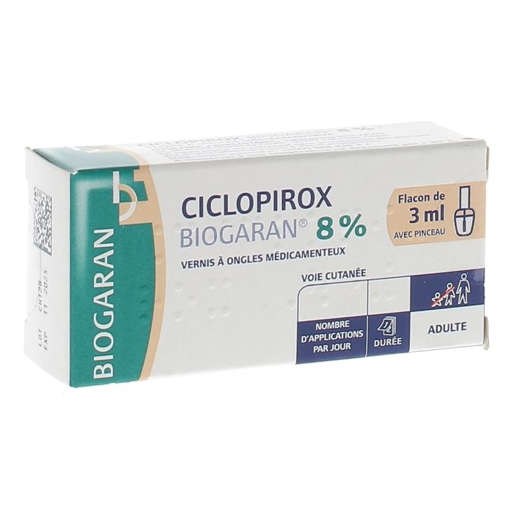 Ciclopirox 8% vernis à ongles Biogaran - flacon de 3ml avec pinceau
