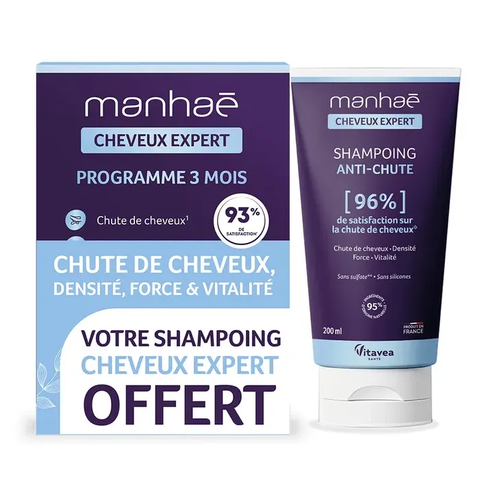 Manhaé Cheveux Expert chute de cheveux programme de 3 mois + shampoing anti-chute offert Vitavea - 120 gélules + shampoing de 50ml