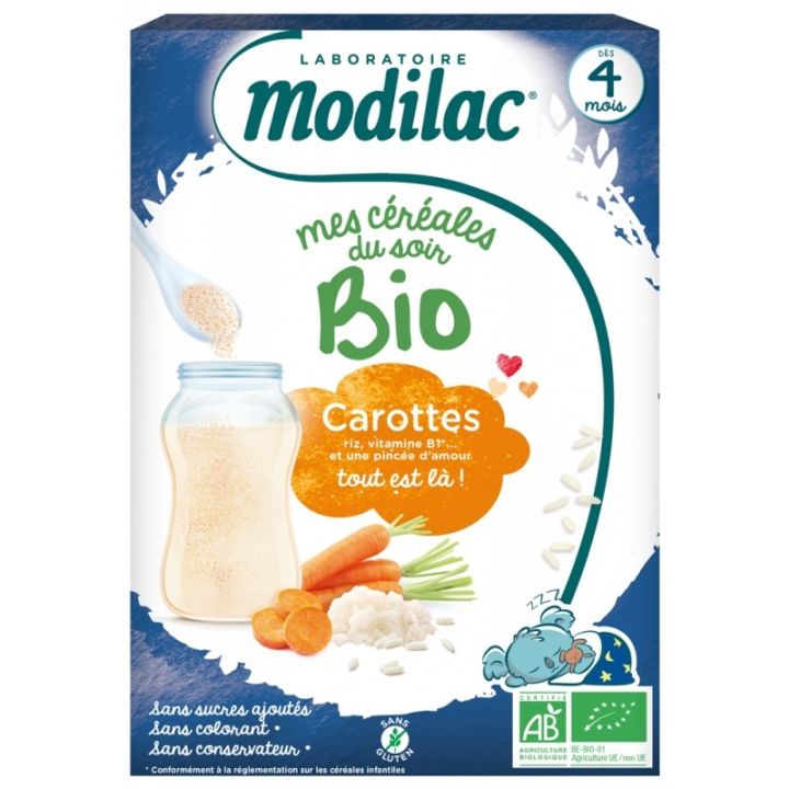 Mes céréales du soir bio dès 4 mois carottes Modilac - boite de 250 g