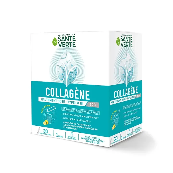Collagène hautement dosé goût citron Santé Verte - boîte de 30 sticks de poudre