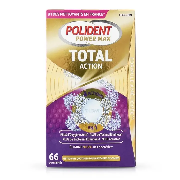 Total Action nettoyant 4en1 pour appareils dentaires Polident - boite de 66 comprimés