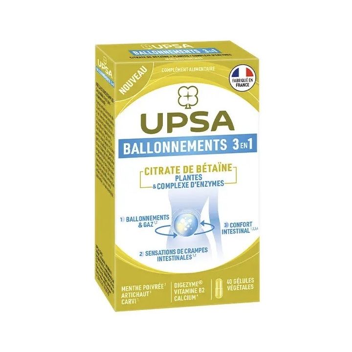 Ballonements & gaz 3 en 1 Citrate de bétaïne Upsa - boite de 40 gélules