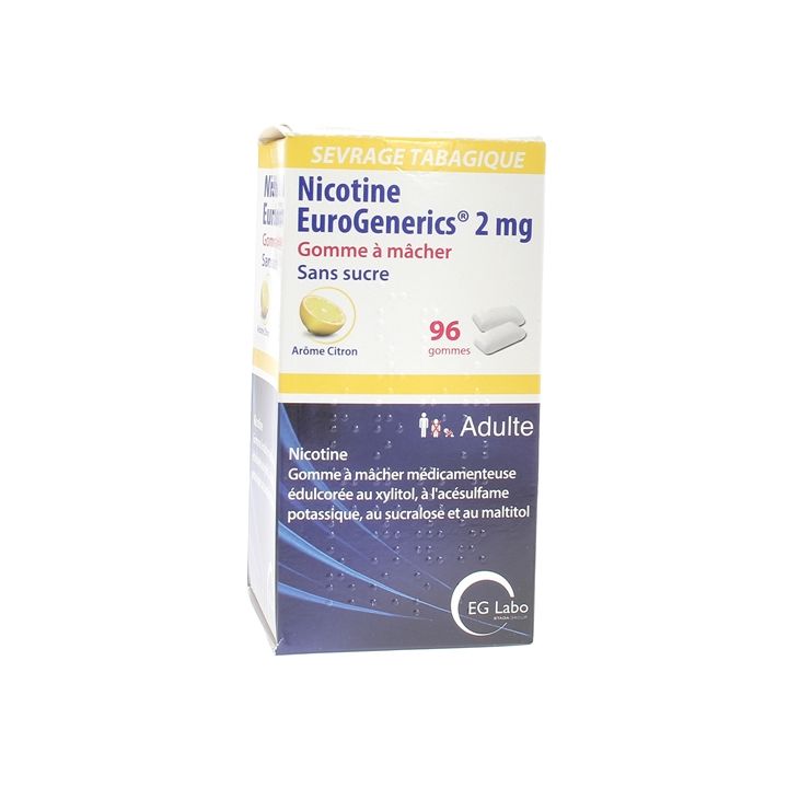 Nicotine EuroGenerics 2mg sans sucre arôme citron - boîte de 96 gommes à mâcher