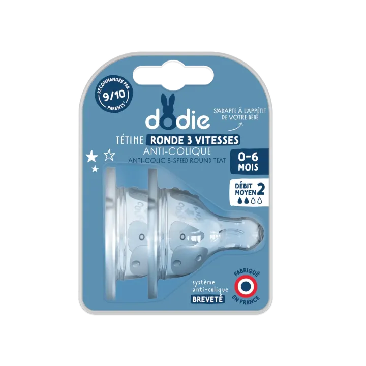 Tétine ronde 3 vitesses anti-colique col large 0-6 mois débit 2 Dodie - 2 tétines