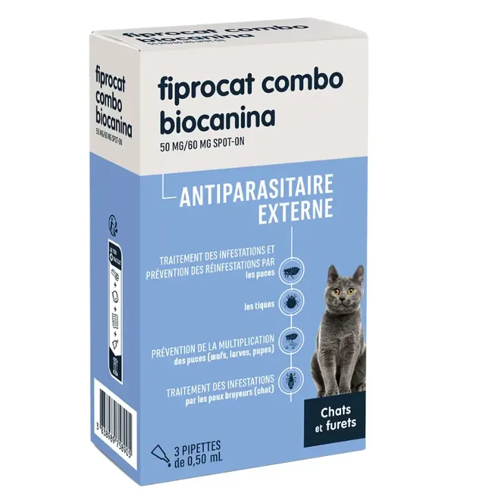 Fiprocat combo 50 mg/60 mg antiparasitaire externe chats et furets Biocanina - boîte de 3 pipettes de 0,5ml