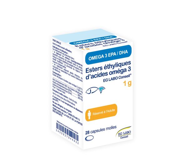 Omega 3 esters ethyliques d'acides 1g EG Labo Conseil - flacon de 28 capsules molles