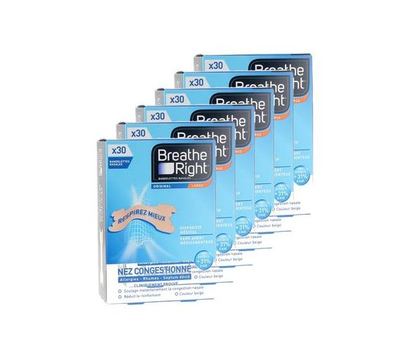 Bandelettes nasales Original Breathe Right - boîte de 30 bandelettes (lot de 6)
