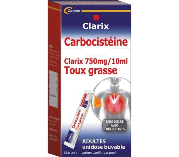 Carbocistéine clarix 750mg/10ml toux grasse Cooper - 15 sachets de 10ml