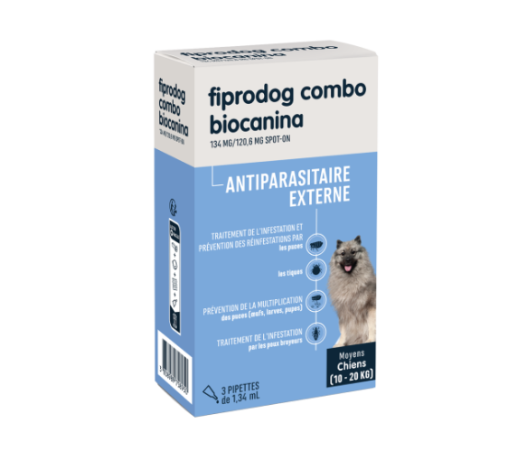 Fiprodog combo 134 mg/120,6 mg antiparasitaire externe moyens chiens (10-20kg) Biocanina - boîte de 3 pipettes de 1,34ml
