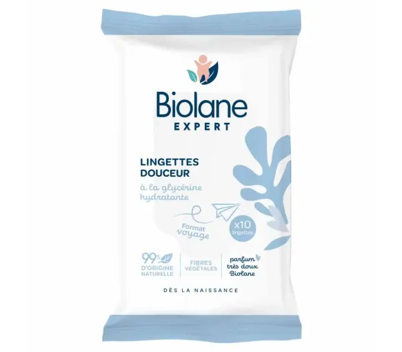 Lingettes douceur format voyage Biolane - paquet de 10 lingettes