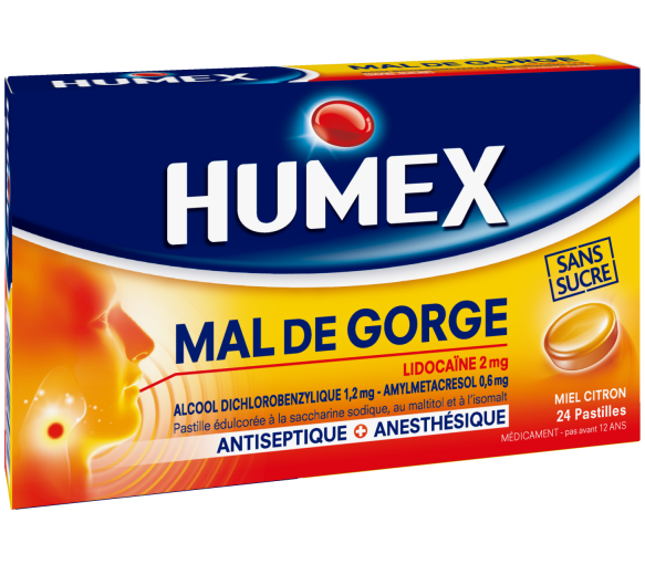 Humex mal de gorge lidocaïne miel citron sans sucre – 24 pastilles