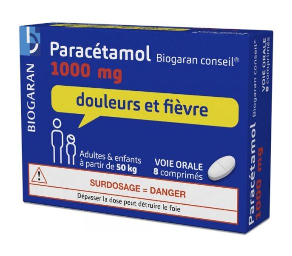 Paracétamol 1000mg douleurs et fièvre Biogaran - une boite de 8 comprimés