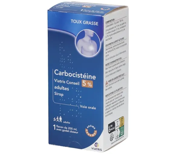 Carbocistéine 5% adultes sirop Viatris - flacon de 200ml
