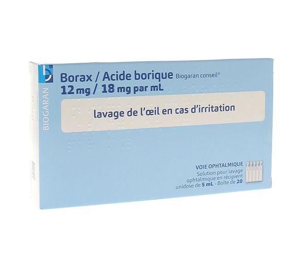 Borax Acide borique Biogaran solution pour lavage ophtalmique - boîte de 20 unidoses de 5ml
