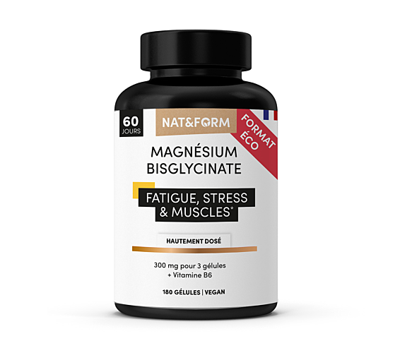 Magnésium Bisglycinate fatigue, stress et muscles Nat&Form - pot de 180 gélules