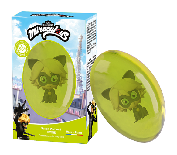 Savon solide Poire figurine Chat Noir Le Comptoir du Bain x Miraculous - pain de 75g