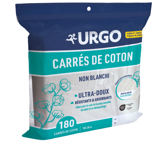Carrés de coton non blanchi Urgo – 10 x 8 cm, sachet 180 carrés - image 1