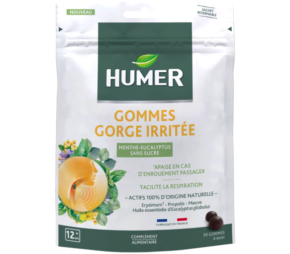 Gommes gorge irritée Menthe-eucalyptus sans sucre Humer - sachet de 30 gommes - image 1