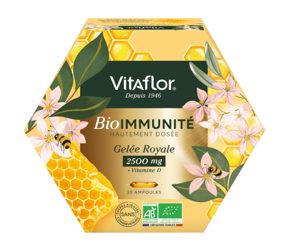 Gelée royale 2500 mg Vitamine D bio Vitaflor - boîte de 20 ampoules