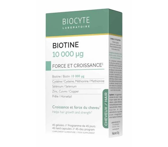Biotine 10 000 µg force et croissance du cheveu Biocyte - boite de 45 gélules
