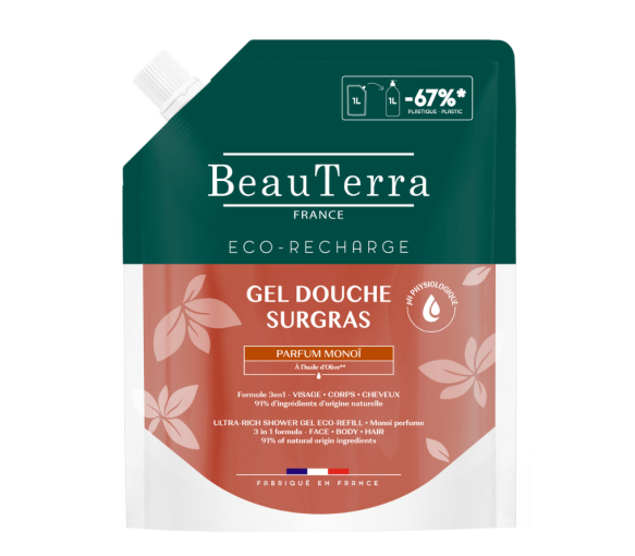 Gel douche surgras parfum monoï Beauterra - eco-recharge de 1L