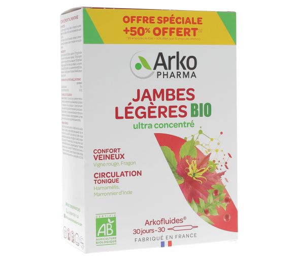Arkofluides jambes légères Arkopharma - boîte de 30 ampoules offre spéciale 50% offert - image 1