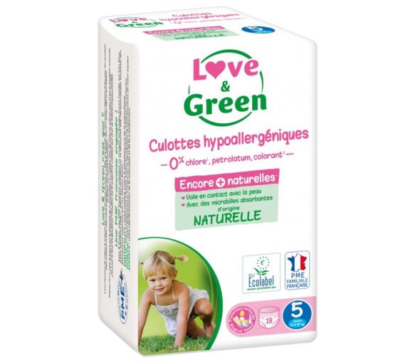 Culottes hypoallergéniques taille 5 (12-18 kg) Love & Green - paquet de 18 culottes
