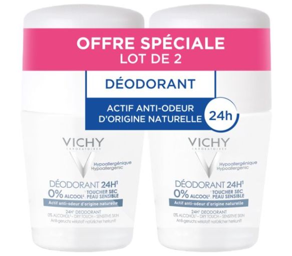 Déodorant 24h toucher sec peau sensible Vichy - lot de 2 roll-on bille de 50 ml