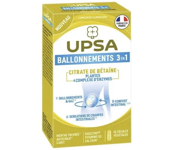 Ballonements & gaz 3 en 1 Citrate de bétaïne Upsa - boite de 40 gélules - image 1