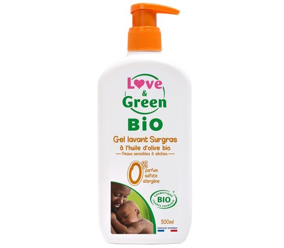 Gel lavant surgras à l'huile d'olive bio Love & Green - flacon-pompe de 500 ml
