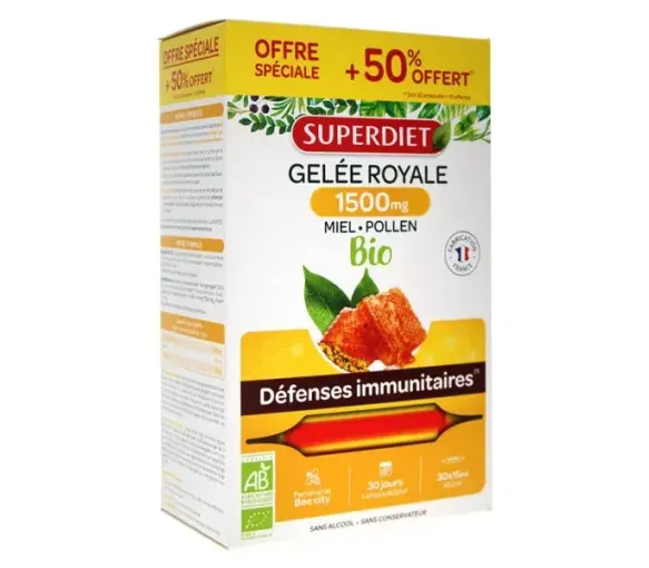 Gelée Royale Bio 1500 mg miel d'acacia pollen Super Diet - 20 ampoules de 15 ml - image 1