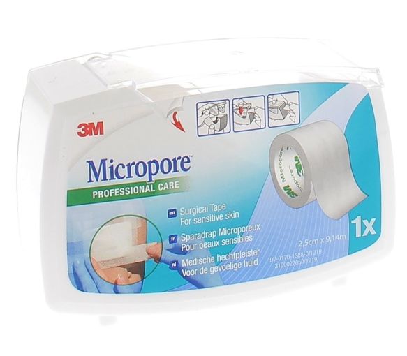 Micropore Sparadrap blanc avec dévidoir 3M - rouleau de 2,5 cm x 9,14 m