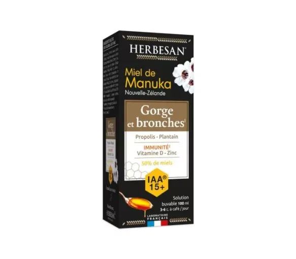 Miel de Manuka solution buvable gorges et bronches IAA 15+ Herbesan - flacon de 100ml