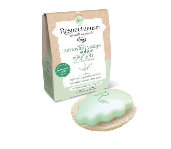 Mon nettoyant visage solide purifiant bio Respectueuse - pain de 35g + porte-savon végétal offert