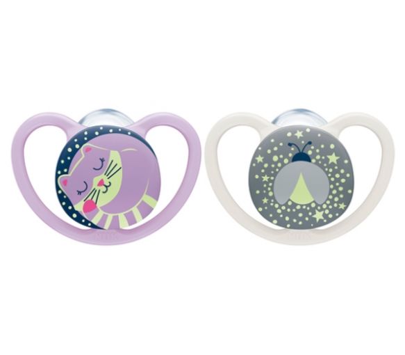 Space Night Sucettes silicone 18-36 mois NUK - lot de 2 sucettes phosphorescentes