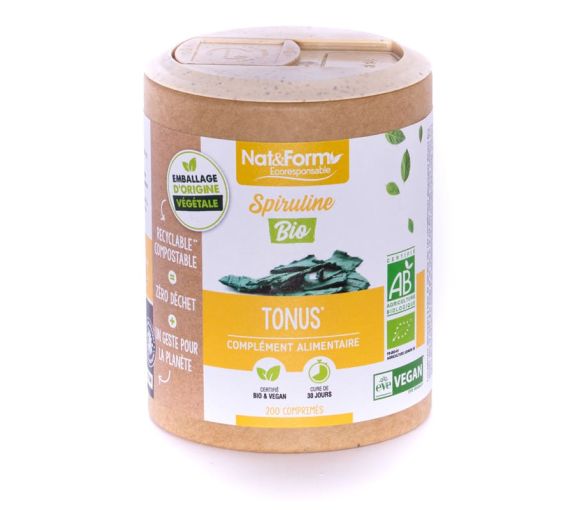 Spiruline bio écoresponsable Nat&Form - boite de 200 comprimés - image 1