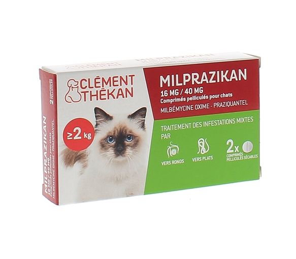 Milprazikan 16 mg / 40 mg comprimé pelliculé pour chats Clément Thékan - boite de 2 comprimés