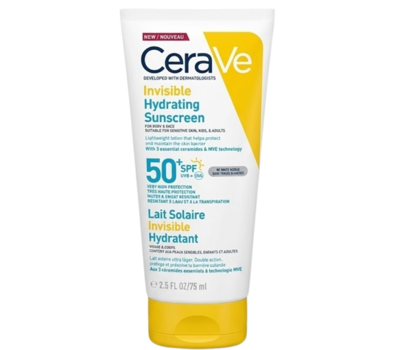 Lait solaire invisible hydratant SPF50+ haute protection visage et corps CeraVe - tube de 75ml