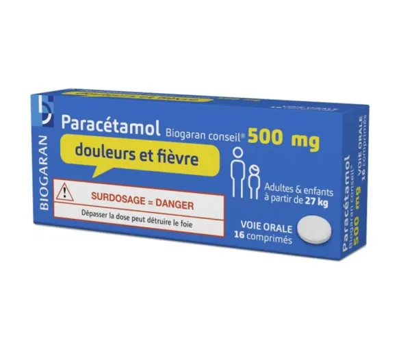 Paracétamol 500mg douleurs et fièvre Biogaran - boite de 16 comprimés