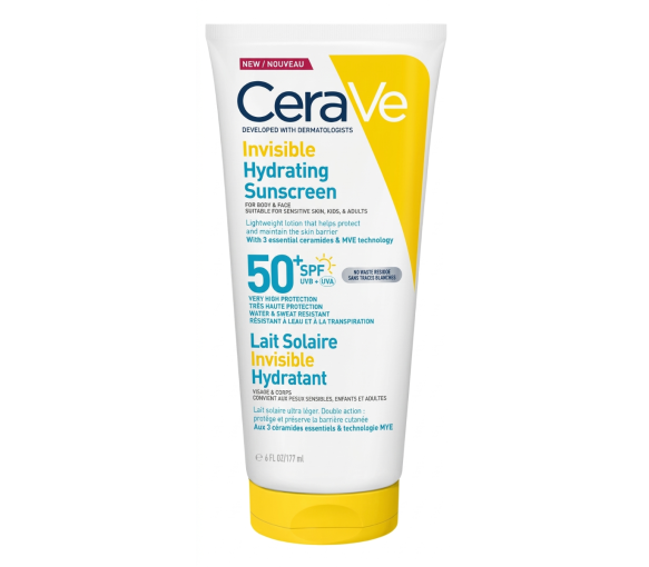 Lait solaire invisible hydratant SPF50+ haute protection visage et corps CeraVe - tube de 177ml - image 1