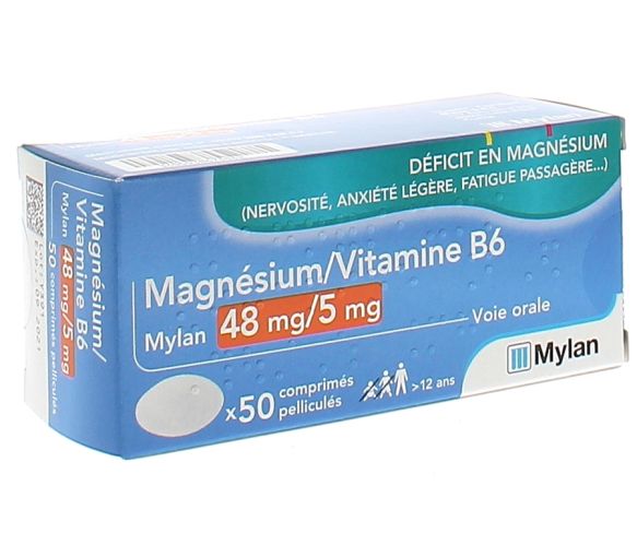 Magnésium vitamine B6 Mylan 48 mg/5 mg – 50 comprimés pelliculés