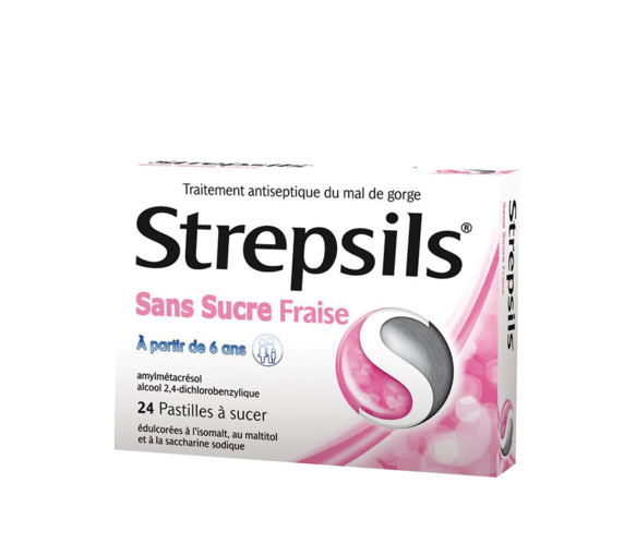 Strepsils Fraise sans sucre pastille à sucer - boite de 24 pastilles