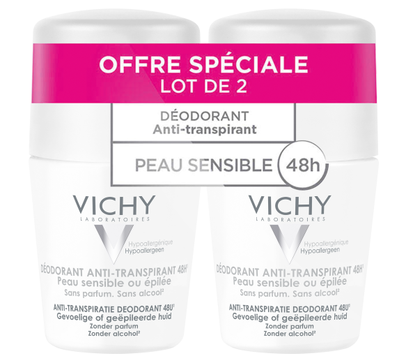 Déodorant anti-transpirant 48h peau sensible ou épilée Vichy - lot de 2 Roll-on bille de 50 ml
