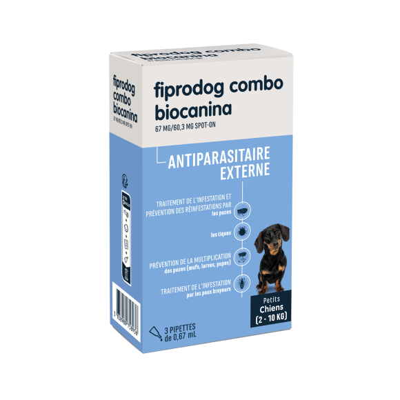 Fiprodog combo 67 mg/60,3 mg antiparasitaire externe petits chiens (2-10kg) Biocanina - boîte de 3 pipettes de 0,67ml