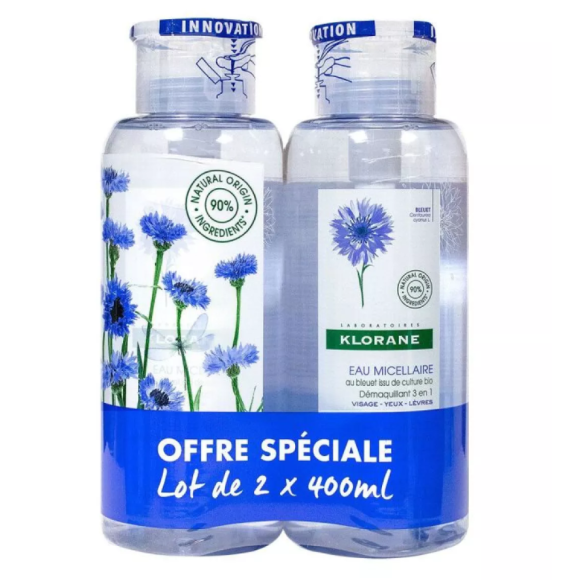 Eau micellaire démaquillante 3en1 Klorane - offre spéciale lot de 2x400ml